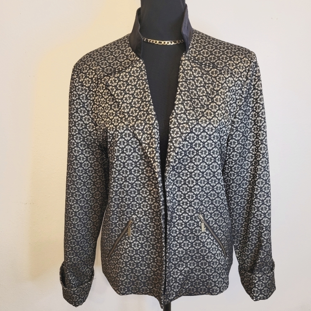 Chicos Gold And Black Open Front Metallic Jacket/Blazer Size 2 (Lrg 12)